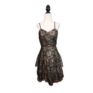 Black & Gold Ruffle Lace Prom Dress Strappy Sexy 80s Short Tiered